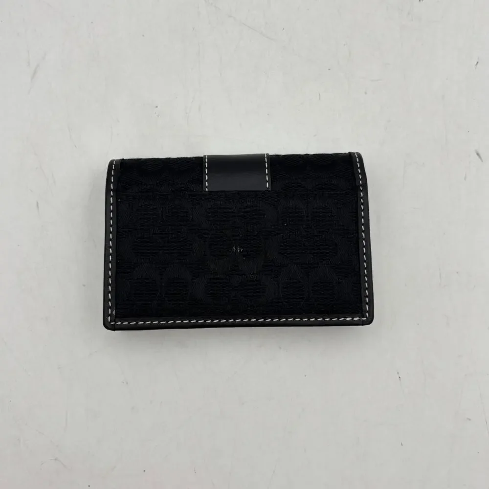 Coach Signature Jacquard Bifold Card Case Wallet Black Leather Compact
